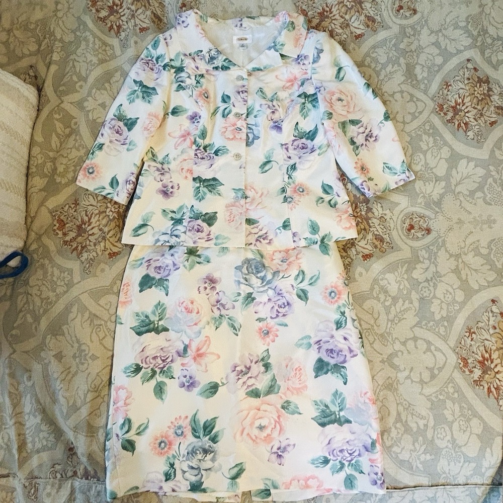 Talbots Silk Suit Yellow Floral 14 Skirt Jacket Cottagecore Garden 2 Piece Set